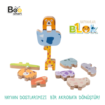Bee Smart Doğal Ahşap Hayvan Blokları  Güvenli ve Eğitici Denge Oyunu